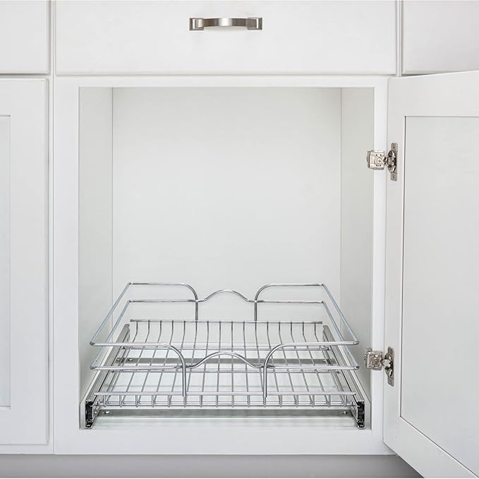 Rev-A-Shelf Steel Wire Pullout Drawer Organizer Shelf for Kitchen Cabinets, Slide Out Storage Basket, Min Opening Width of 14.5", 15" x 22", 5WB1-1522CR-1