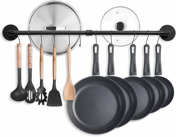 38.5 inch Pot Rack Wall Mounted Detachable Pan Rack Organizer Industrial Pipe Hanging Rail Lids Utensils Hanger Holder for Kitchen with 10 S Hooks, Black…