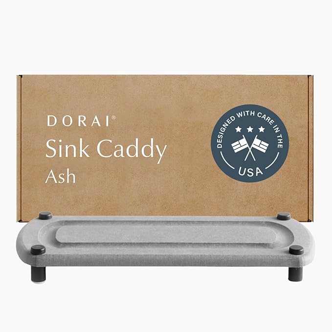 Dorai Home Stone Kitchen Sink Caddy - Diatomaceous Earth Sink Tray with Stainless Steel Feet, Water-Absorbing Countertop Organizer for Kitchen or Bathroom - Ash