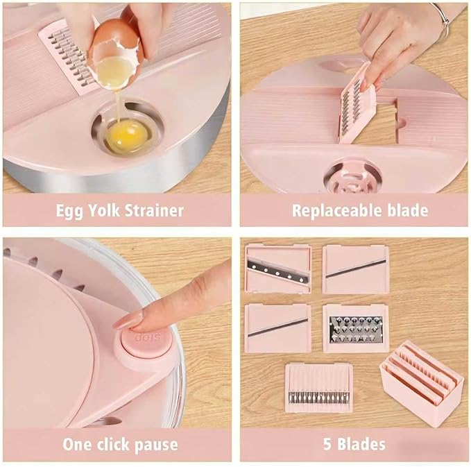 Stainless Steel Salad Spinner Large with 5 Blades Slicer, Lettuce Washer Spinner and Dryer, Vegetable Fruits Chopper Bowl, Egg Yolk Strainer, 5.3Qt Pink