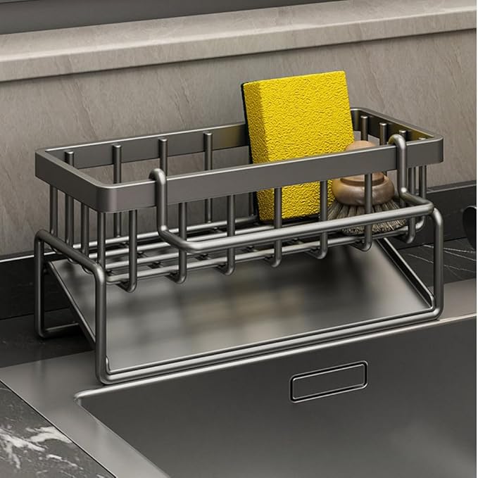 Sink Caddy Kitchen Sink Organizer, Sponge Holder for Kitchen Countertop for Dish Brush Gloves, Dish Cloth Hanger, Rustproof Kitchen Caddy with Drip Tray (Black)