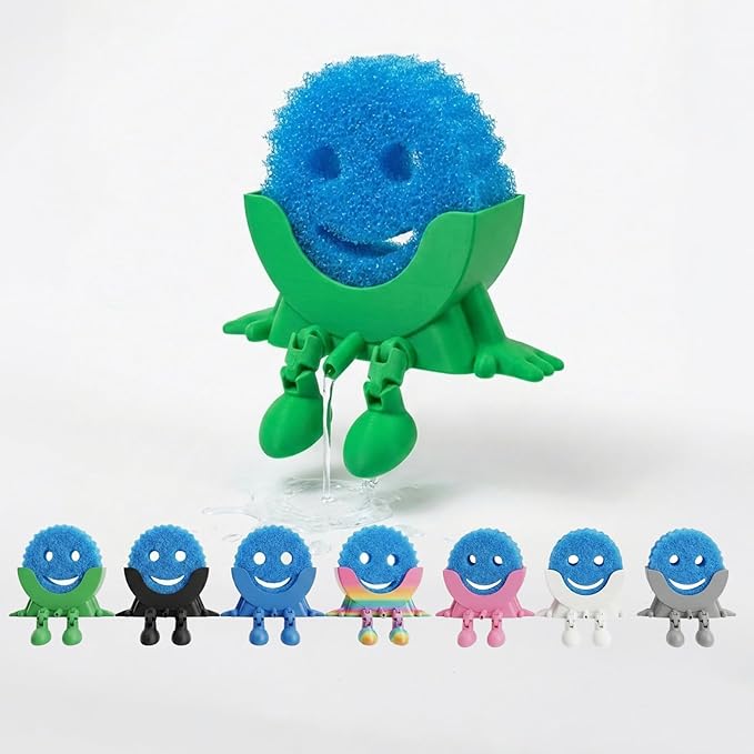 Creative Hanging Sponge Holder with Drainage/Traceless Glue, 3D Printing Countertop Funny Sponge Holders for Kitchen Sink, Keeps Your Sponge Dry & Smiling, for Scrub Daddy Holder (1, Green)