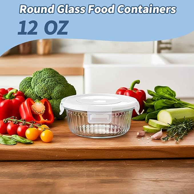 H.JSS WDJS 1.5 cup Round Glass Food Storage Containers with Lids, 12oz Small Glass Meal Prep Containers set, Heat-Resistant BPA-Free Round food bowl for Leftover. Microwave, Dishwasher & Freezer Safe