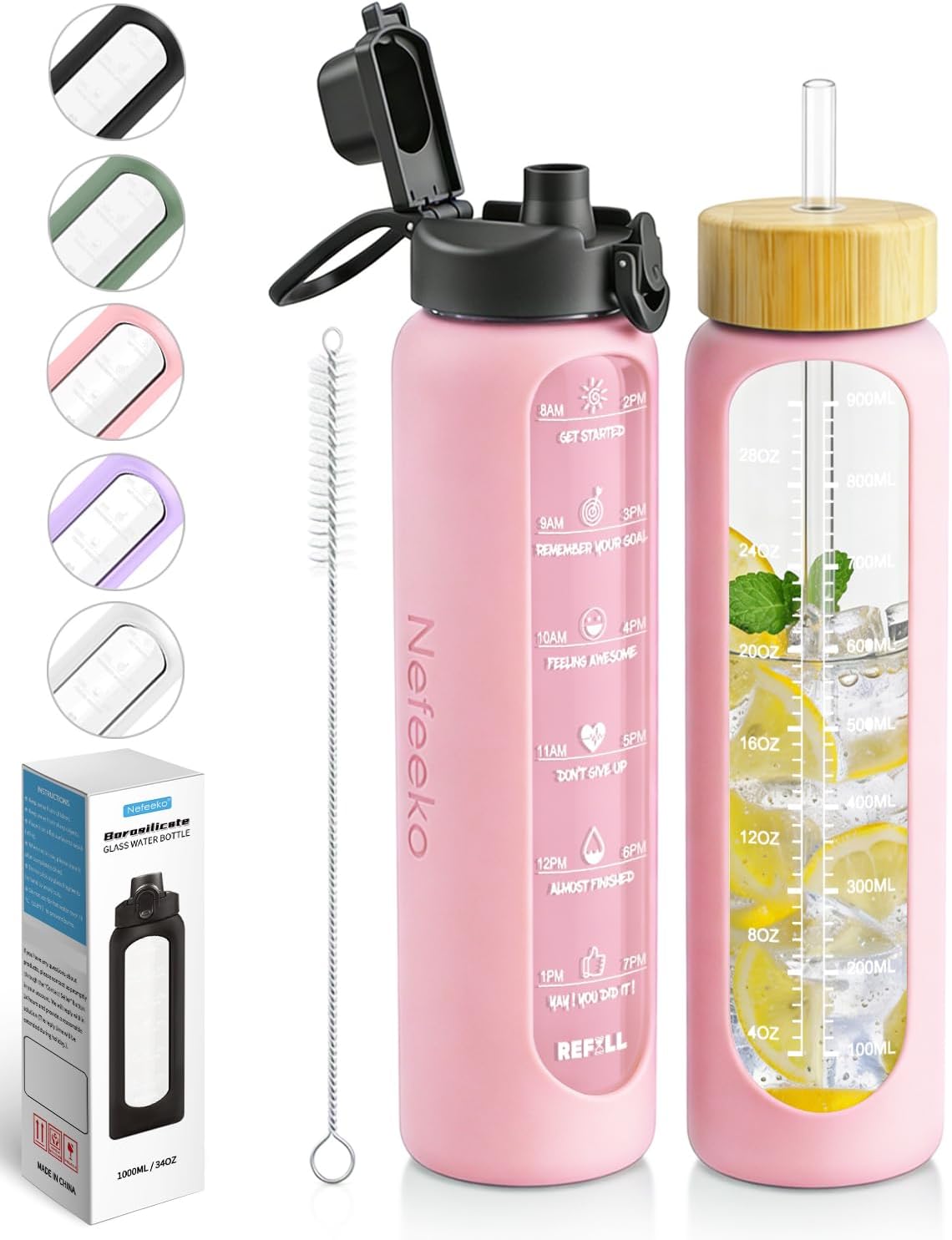 32 oz Glass Water Bottles with Straw, Water Bottle with Time Marker