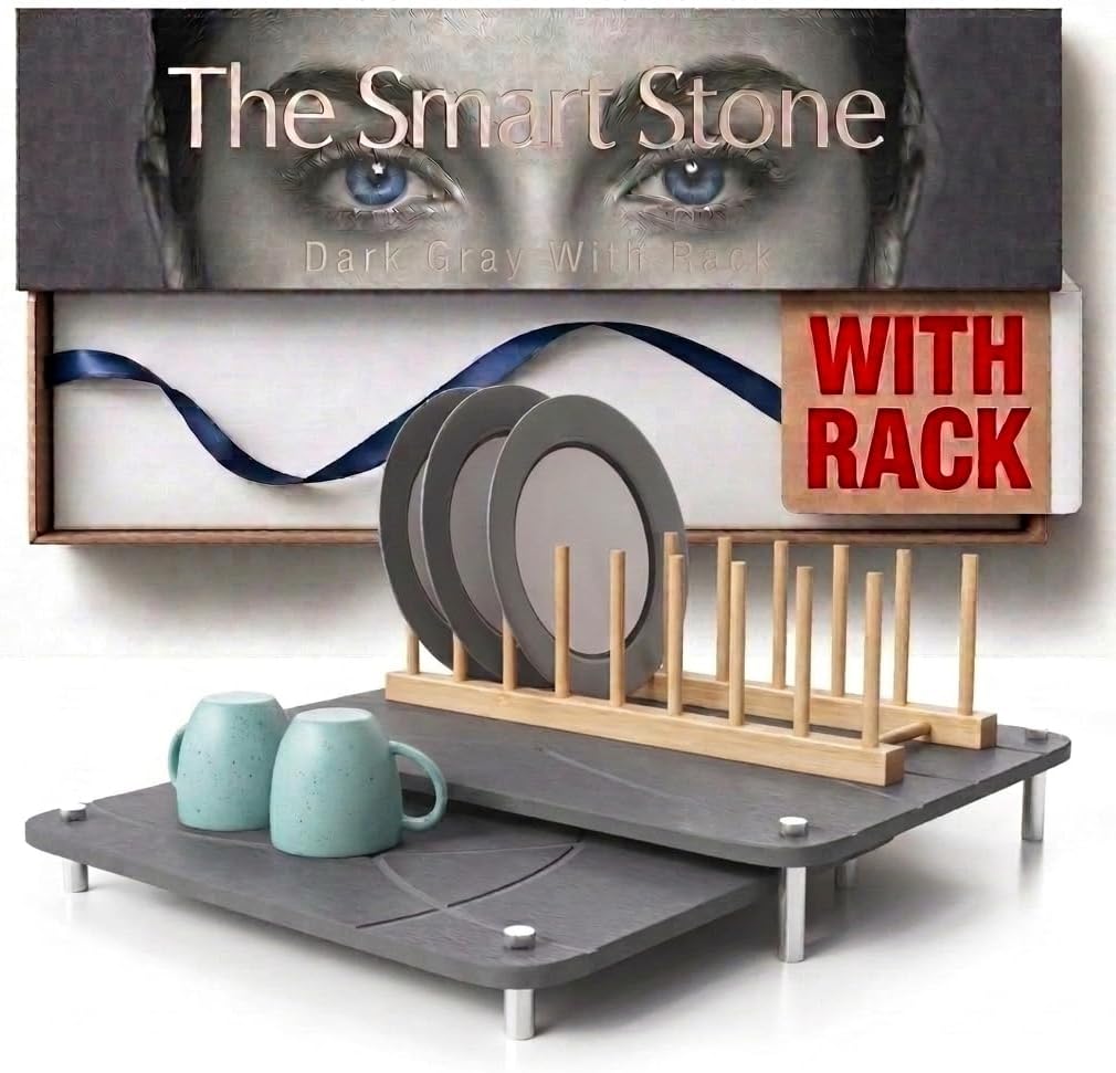 Nested Dish Drying Stone Mat with Bamboo Rack | Large 16"x12" Dish Drying Mat plus 13"x12" Diatomaceous Earth Stone Mat | Expands to 29” x 12” | Premium Stone Mat for Kitchen Counter (Dark Gray)