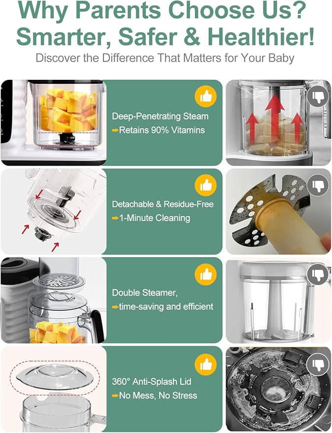 MOMYEASY Baby Food Maker, Multifunction Processor Chopper Grinder, Baby Food Steamer and Puree Blender in-One, with Bottle Warmer, Auto Cooking & Grinding with Touch Control Panel