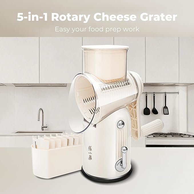 ZHANG XIAO QUAN SINCE 1628 Rotary Cheese Grater, Cheese Shredder with Stable Suction Base, Labor-Saving Vegetable Slicer for Kitchen, Mandoline Slicer & Food Chopper & Kitchen Prep Tool, 5-in-1, Beige
