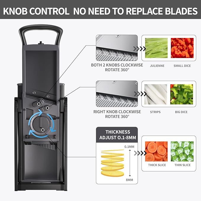 QYKIC Upgrade Safe Mandoline Slicer for Kitchen, Vegetable Chopper and Slicer, Potato Slicer Thickness Adjuster, French Fry Cutter, Veggie Onion Dicer Faster Kitchen Mandolin for Meal Prep
