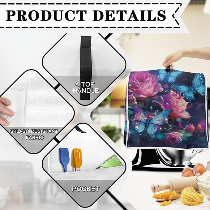 Rose Butterfly Mixer Cover | Compatible with 6-8 Quart Tilt Head & Bowl Lift Mixers | Dust Protector with Pockets for Accessories