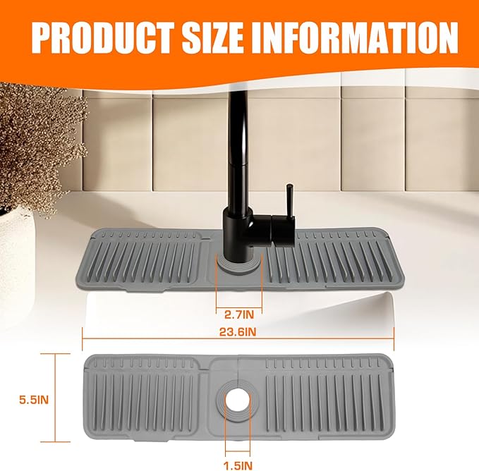 24" Silicone Faucet Mat for Kitchen Sink,7° Draining Mat with Snap Button Lock,Faucet Splash Guard and Sink Counter Organizer,Trim-to-Fit Kitchen Faucet Protector for Sponge Brush Cup