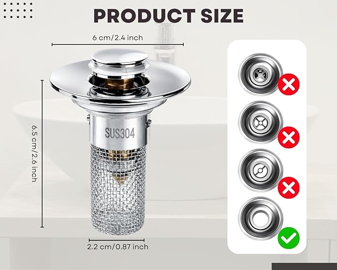 2Pcs Bathroom Sink Drain Strainer, 304 Stainless Steel Drain Filter, Pop Up Bathroom Sink Drain with Hair Catcher Fits 1 1/4" to 1 1/2" US Bathroom Sink Stopper Replacement