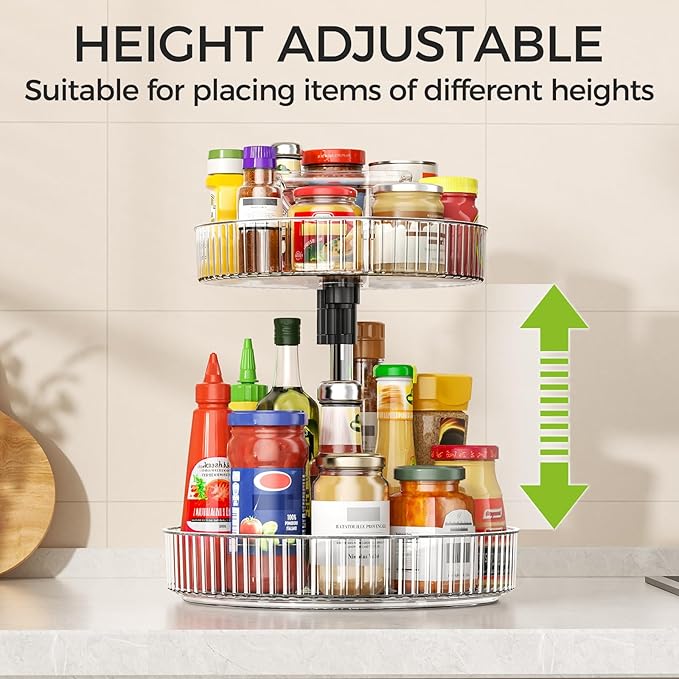 Lazy Susan Organizer – 2 Tier Rotating Spice Rack Turntable, 11.4" Plastic Spinning Organizer for Kitchen Cabinet Pantry Countertop Cupboard Bathroom Storage, Clear