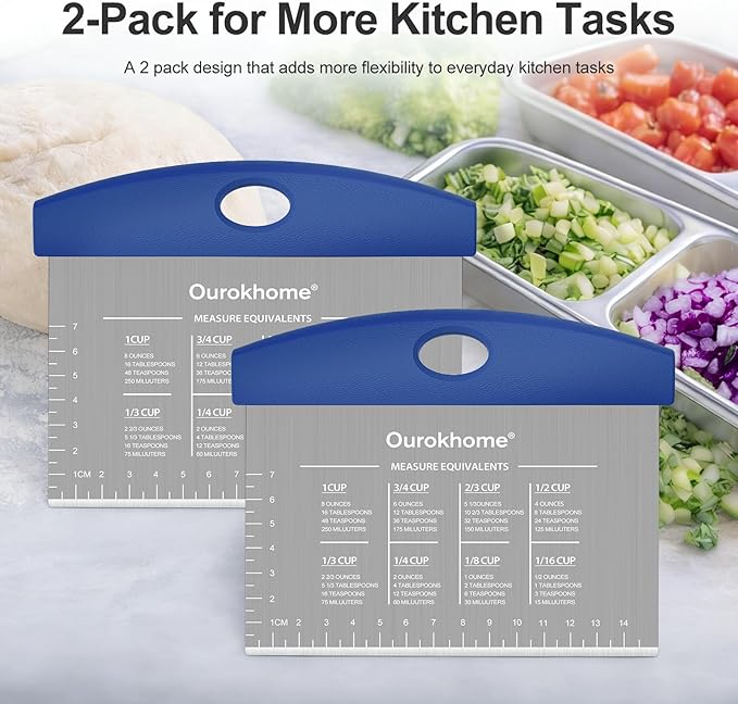 Ourokhome 2 Pack Bench Scraper Dough Cutter, Stainless Steel Dough Scraper with Laser-Etched Scale, Conversion Chart, Non-Slip Handle, Dishwasher Safe for Bread & Pastry, Blue