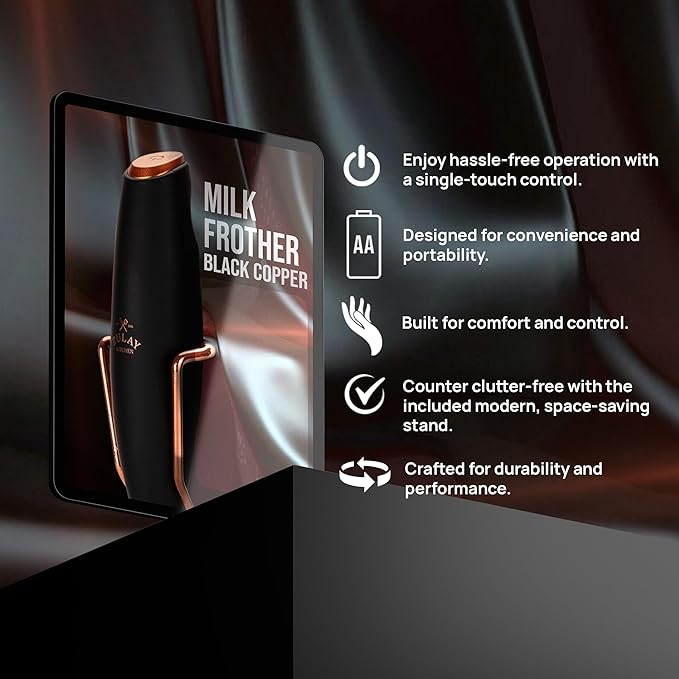 Zulay Kitchen Powerful Milk Frother Wand With Duracell Batteries - Ultra Fast Handheld Drink Mixer - Electric Whisk Foam Maker for Coffee, Lattes, Cappuccino & Matcha - Z1 Motor - Exec Black Copper