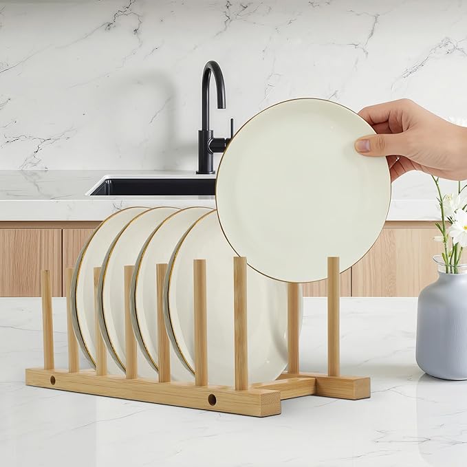 DEBETOOL 2 Pack Wooden Dish Rack Holder - Bamboo Plate Organizer for Cabinet Dishes Pots Lid & Cutting Boards, Kitchen Cabinet Space Saving Storage Solution