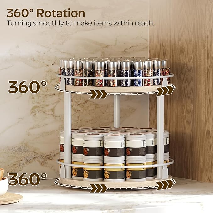 Lazy Susan Organizer, Rotating Spice Rack, White and Light Oak SR22WG
