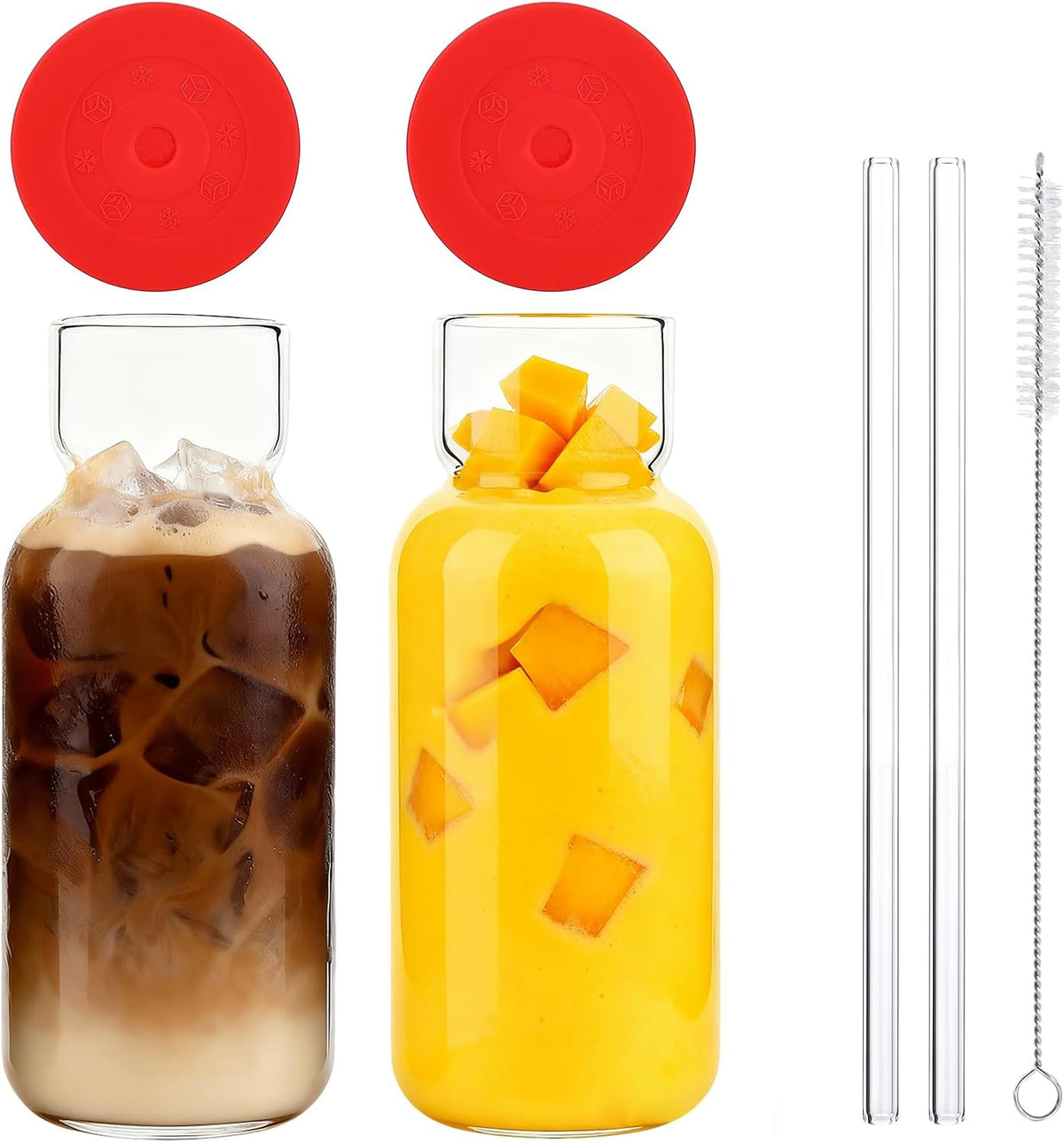 2 Pack 24oz Glass Cups with Lids and Straws, Large Iced Coffee Cups with Silicone Lids, Clear Glass Tumblers with Glass Straws for Coffee, Tea, Smoothies and Cold Drinks