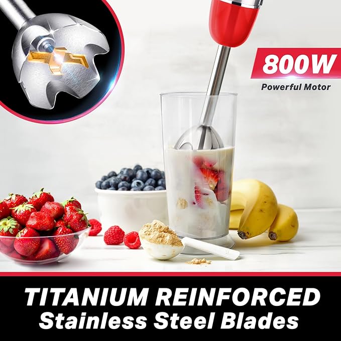 Mueller Multistick 800W 4-in-1 Immersion Blender Handheld, 12 Speed Hand Mixer - Turbo Boost, Heaviest Duty Copper Motor, Titanium Blades Hand Blender, Milk Frother Wand, Whisk, Beaker, Chopper, Red