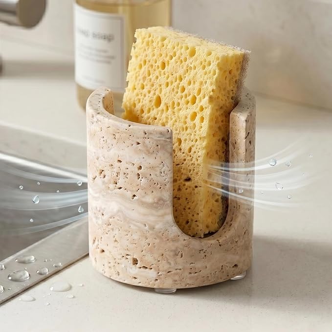 Natural Travertine Sponge Holder - Wabi-Sabi Stone Drying Rack for Kitchen Sink & Bathroom, Decorative Candle Tray, Flowers Organizer & Toothbrush Holder - Housewarming Gift, Home Decor