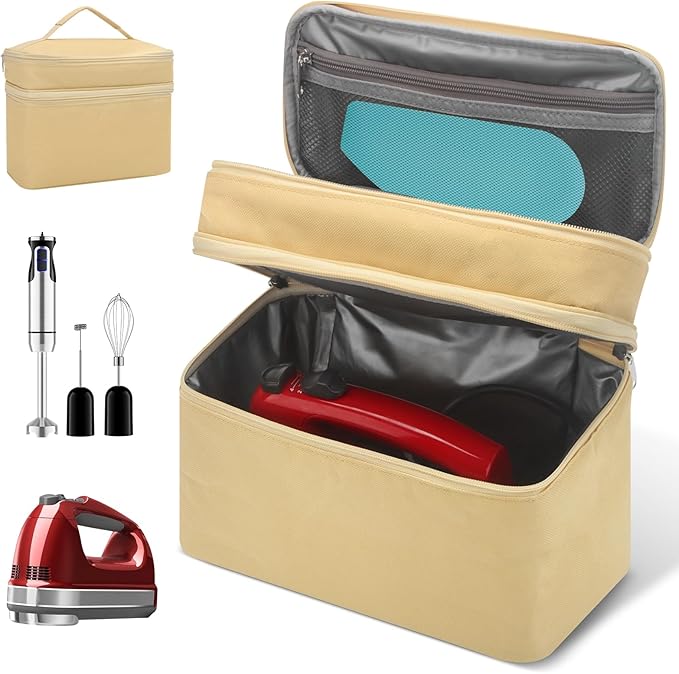 Hand Mixer Case for Kitchen Aid - Immersion Blender Attachments Storage Bag Blender Stick Handheld Carrying Case with Handle Hand Mixer Accessories, Portable Travel Organizer (Bag Only) Yellow