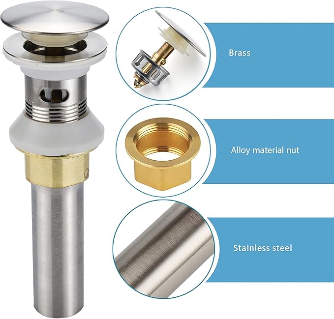 Rockgoya Bathroom Sink Drain,Drain Stopper Bathroom Sink with Overflow,Pop Up Drain Assembly with Detachable Strainer Basket,Built-in Anti-Clogging Strainer,Stainless Steel Brushed Nickel