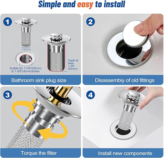 Vakabiu 2024 New Pop Up Bathroom Sink Drain Strainer Hair Catcher, Sink Drain Stopper with Removable Stainless Steel Filter Basket,for US Bathroom Sink Stopper Replacement (2PCS)