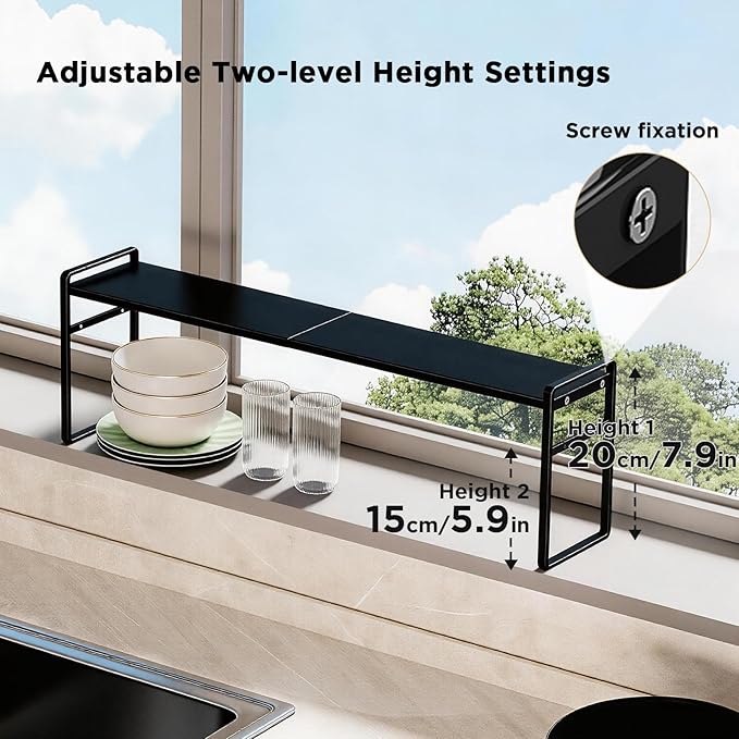 Expandable Narrow Shelf Organizer, Tall Countertop Organizer for Tight Spaces, Windowsill Plant Stand, Over-Sink/Faucet Shelf, Kitchen Counter Storage, Bathroom Vanity, Laundry Room (Black)