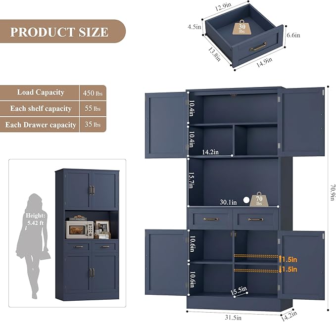 HOSTACK 71“ Tall Kitchen Pantry Storage Cabinet, Modern Kitchen Hutch Bar Cabinet with Microwave Stand, Wood Buffet Sideboard with Hutch, Cupboard with Drawers, Shelves for Dining Room, Blue