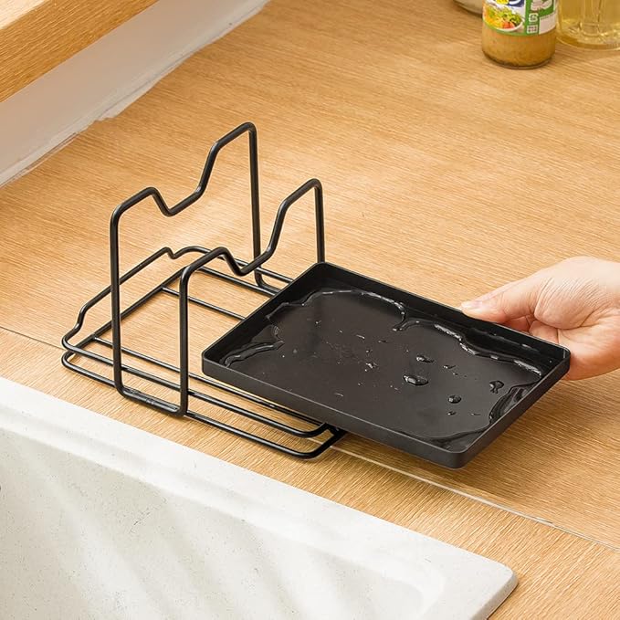 Poeland Pot Lid Holder, 2 Layers Pot Lids Organizer Multifunctional Lid and Spoon Rest Rack with Drip Tray for Lids, Spatulas, Spoons, Cutting Boards