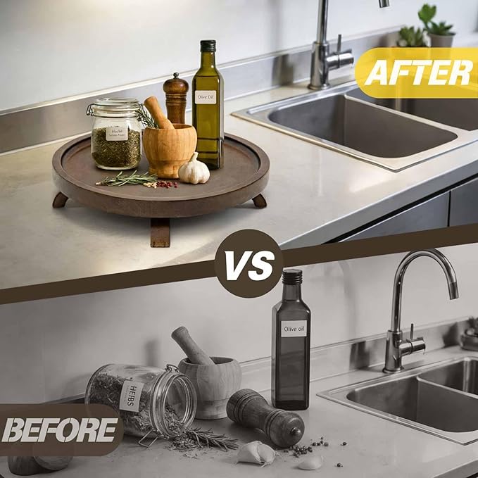 10" Solid Wood Lazy Susan Turntable Organizer for Cabinet, Pantry, Kitchen Countertop - Farmhouse Style with Raised Feet & Water-Resistant Coating, Rustic Bathroom Vanity Tray and Dining Table Decor