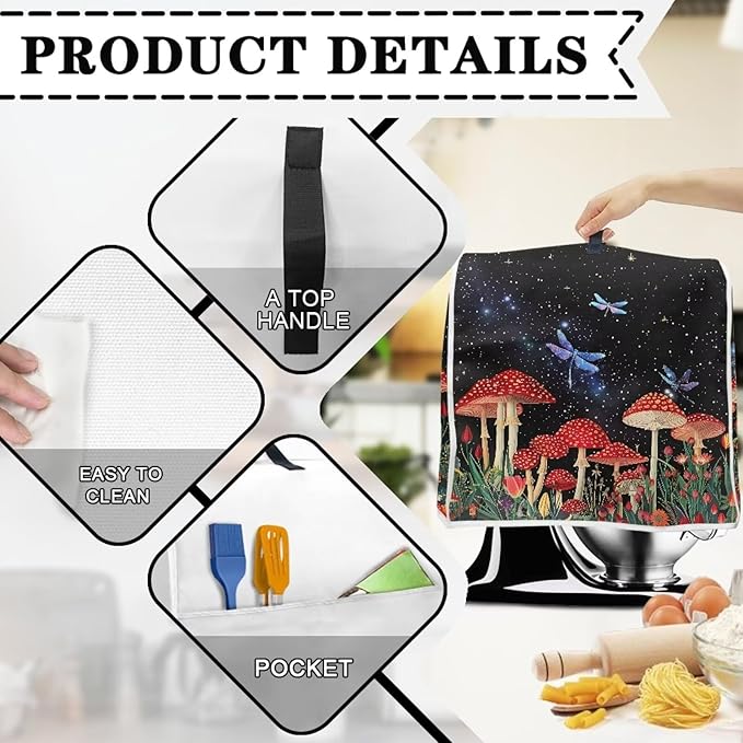 Stand Mixer Cover Mushroom Dragonfly Kitchen Appliance Dust Cover for 6-8 Quart Mixers Machine Washable Food Processor Protector for Kitchen Dining Room Countertop Decor