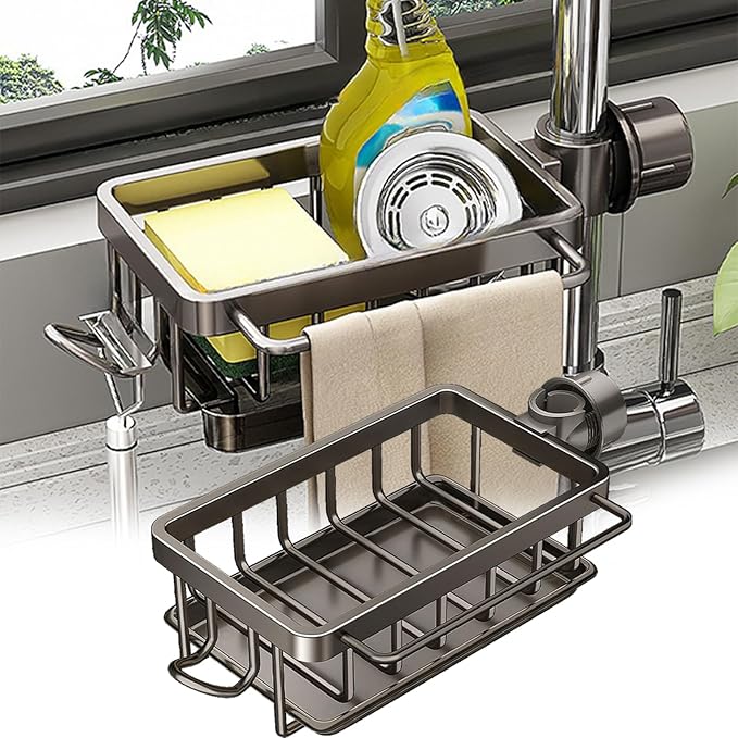 Kitchen Sink Faucet Organizer, Kitchen Sink Organizer Over Faucet, Over Sink Dish Drying Rack, Sponge Holder for Kitchen Sink, for 0.7-1.1 inch Round Water Pipe (Grey, Left Mount)