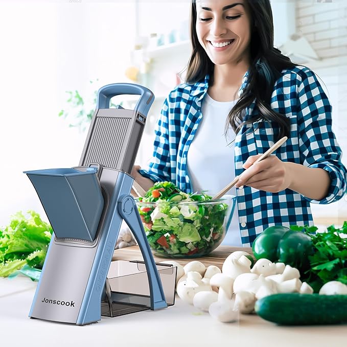 Jonscook All-in-1 Update Safe Mandoline Slicer for Kitchen, Food Chopper with Container, Thickness Adjustable Vegetable Chopper, Potato French Fry Cutter Tomato Apple Slicer Onion (Blue)