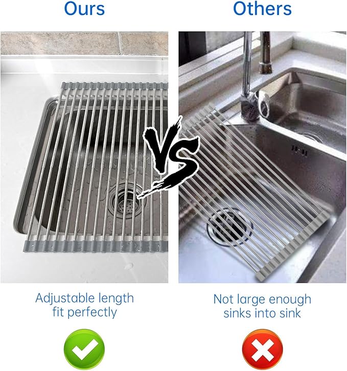 Expandable Large Draining Rack, Roll Up Heat-Resistant Dish Drainer for Stainless Steel Sinks, Collapsible Over The Sink Rack Non-Slip Silicone Rolling Up Rack 18 Tube