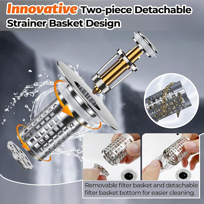 Bathroom Sink Stopper, Stainless Steel Pop-up Sink Stopper Hair Catcher with Removable Basket (2PCS)