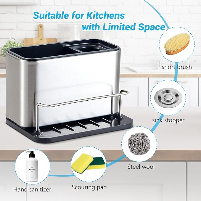 Kitchen Sink Organizer Stainless Steel, Stainless Steel Kitchen Sink Organizer, Compact Multi-Compartment Caddy for Sponges, Brushes & Cleaning Supplies, Rust-Resistant, Easy to Clean
