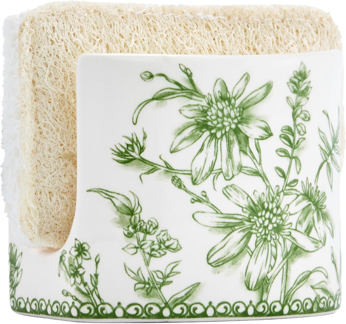 Green Garden Toile De Jouy Ceramic Kitchen Sponge Holder for Countertop Sink, Sponge Caddy, Decorative Dish Sponge and Scrubber Rack