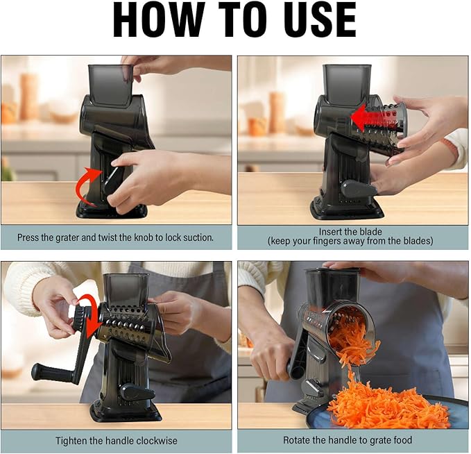 3-in-1 Manual Rotary Cheese Grater & Vegetable Slicer, Round Mandoline Food Chopper with 3 Interchangeable Blades, Strong Suction Base Hand Crank Grater for Cheese, Potato, Nuts & Veggies