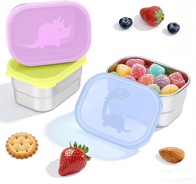 Tanjiae 3×8oz Small Stainless Steel Snack Containers - 230mL Leakproof Food Containers with Cute Dino Lids | LFGB Certified, Stackable Metal Snack Box for Home, Office, Travel