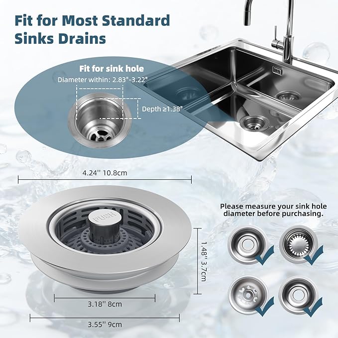 Hibbent Upgraded 2 Pack 3 in 1 Kitchen Sink Drain Strainer, Stainless Steel Pop Up Sink Stopper, Larger Anti-Clogging Basket, 3-Layer Seal, Detachable Plug for US Standard 3-1/2" Drain, Brushed Nickel