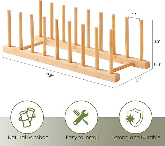 NOVAYEAH 2 Pack Bamboo Wooden Dish Rack-Plate Pot Lid Cutting Board Organizer Holder Rack for Cabinet-Kitchen Cabinet Organizer for Dish, Pots, Lids, Bowls, Bottles, Books, and Puzzle