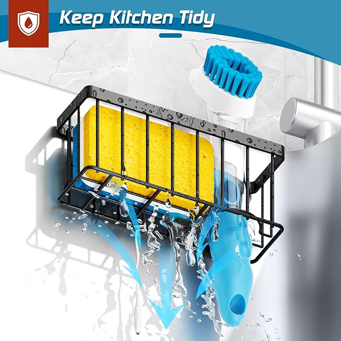 MURLONG Sponge Holder for Kitchen Sink,Sink Caddy Organizer with Suction Cups/Adhesive Strips,Dish Sponge Holder Design for Sponges,Scrubber,Stoppers-Black