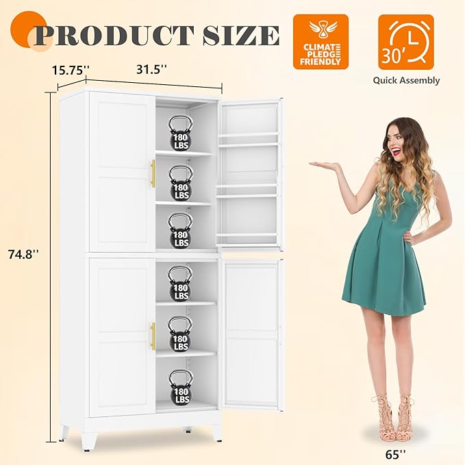 GAIOUS 74.8" Tall Metal Food Cabinet, White Kitchen Pantry Cabinet, Storage Cabinets with 4 Door and 4 Adjustable Shelves, Steel Freestanding Cupboard for Kitchen Dining Room Living Room Bathroom