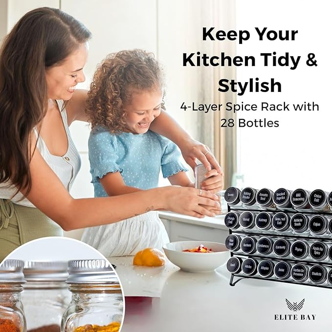 ELITE BAY-Spice Jar Rack with KEEP – 4-Tier Organizer with 28 Empty Bottles, 180 Waterproof Labels (55 Blanks), Funnel &Screws | Space-Saving Spice Storage Set for Kitchen Counter or Cabinet