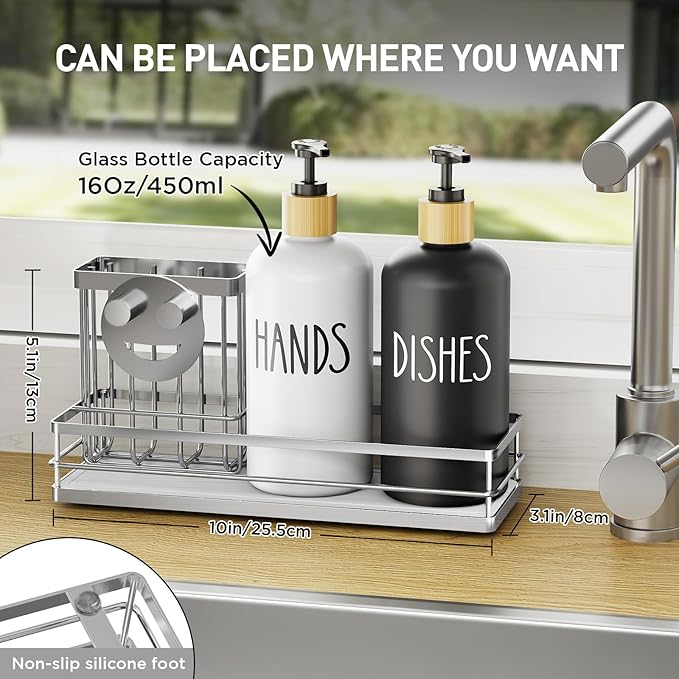 Moforoco Kitchen Dish Soap Dispenser Set, 16OZ Glass Bottle, Hand and Dish Soap Dispenser Set, Instant Dry Tray, Brush Holder with Smiley Face Sponge Holder (Silver Tray+Black&White Bottle)