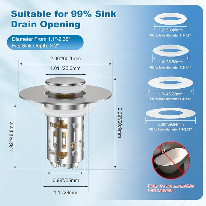 Hibbent 2 Pack Universal Bathroom Sink Drain Strainer, 3 in 1 Pop Up Stopper, Removable Stainless Steel Filter Basket, Brass Bullet Core, Hair Catcher Sink Plug for 1.1''~2.36'' Hole, Brushed Nickel