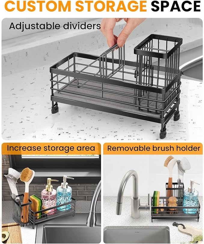 Kitchen Sink Caddy with Water Absorbent Diatomite Stone Sink Tray, Fast Drying Sink Organizer with High Dish Brush Holder Sponge Holder for Kitchen Sink, Stainless Steel