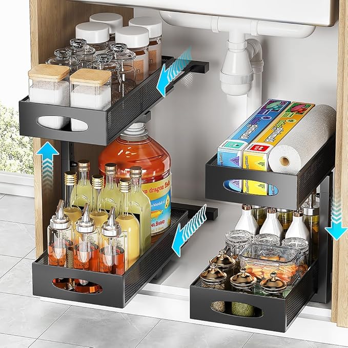 2 Pack Under Sink Pull Out Organizer, 5-Level Adjustable Height to Fit U/L Shape Plumbing Pipes, Carbon Steel 2-Tier Storage Rack for Kitchen Bathroom Cabinet, Black