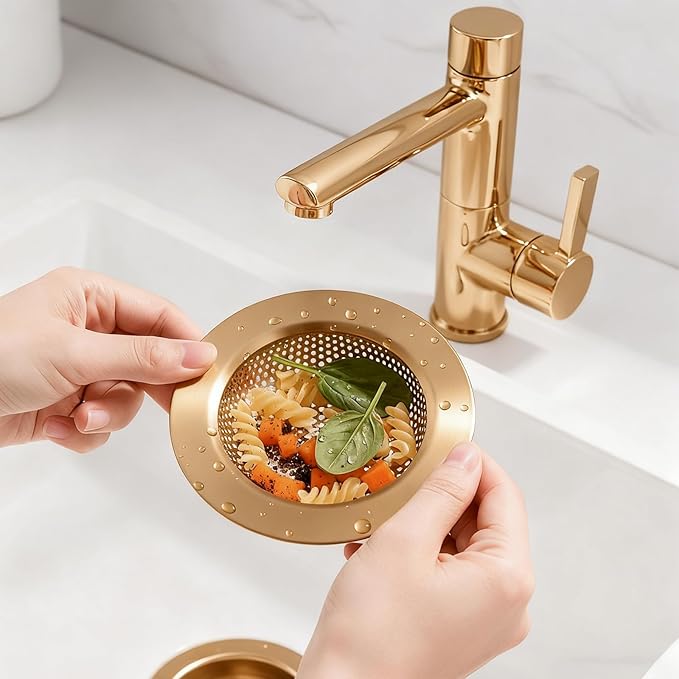 Retisee 2 Pcs Sink Strainer Stainless Steel Kitchen Sink Drain Strainer Basket Cover Mesh Hair Food Catcher, Large Wide Rim of 4.4 Diameter (Champagne Bronze)