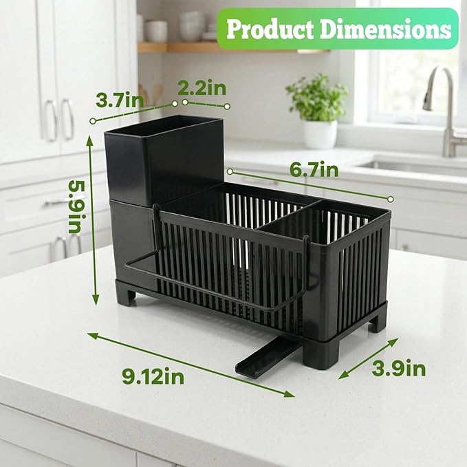 Kitchen Sink Sponge Holder - Plastic Sink Caddy Organizer with 360° Rotating Drain Spout & Tall Brush Holder, Rustproof Dish Soap Countertop Tray, Black